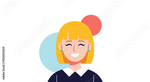 Happy young woman with a blonde bob hairstyle smiling joyfully with closed eyes in a clean modern flat design vector illustration.