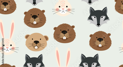 Seamless pattern background featuring the cute cartoon faces of woodland animals including wolves beavers and rabbits for children.
