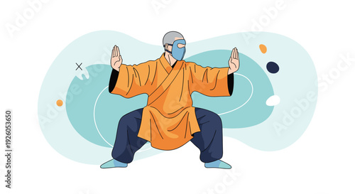 Illustration of a martial artist in a traditional orange robe and face mask practicing a kung fu horse stance with concentration.