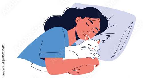 Peaceful young woman sleeping soundly in bed while lovingly hugging her cute white cat representing comfort rest and companionship.