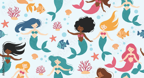 Seamless underwater pattern featuring a diverse group of beautiful mermaids swimming among fish coral and starfish in the ocean.