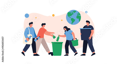 Group of people sorting waste for recycling to protect the planet Earth in a flat vector illustration for environmental awareness.