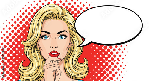 Pop art comic style illustration of a beautiful blonde woman with a thoughtful expression and a blank speech bubble for your text.