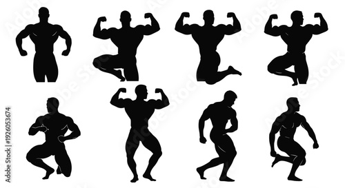 Collection of black silhouettes of a muscular bodybuilder posing to show different muscle groups for fitness and gym concepts.