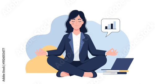 Businesswoman meditating in a lotus pose to find work-life balance and stress relief with a rising graph icon in a speech bubble.
