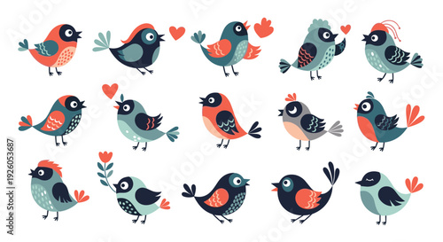 Set of fifteen cute and colorful cartoon birds singing and carrying hearts and flowers in a charming decorative vector collection.