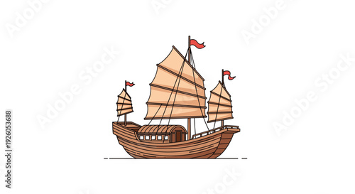 Side view illustration of a traditional wooden Chinese junk ship with multiple sails and red flags isolated on a white background.