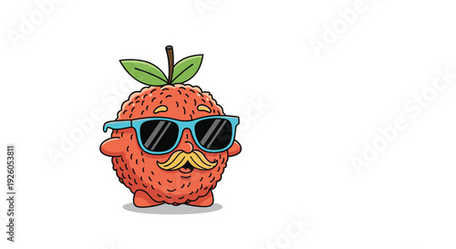 Cool lychee fruit cartoon character with sunglasses and a mustache standing in a funny and confident pose vector illustration.