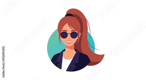 Stylish young woman with a high ponytail and sunglasses smiling in a circular avatar icon with a modern flat design.
