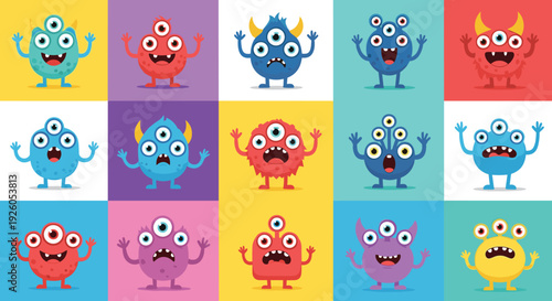 Set of fifteen colorful and cute cartoon monsters with three eyes showing a wide range of funny emotions and expressions.