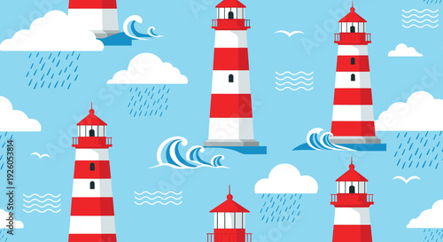 Seamless nautical pattern with red and white striped lighthouses clouds waves and rain on a light blue sea background.