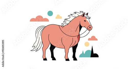 Stylized illustration of a strong brown horse with a white mane standing peacefully with abstract shapes and clouds around it.