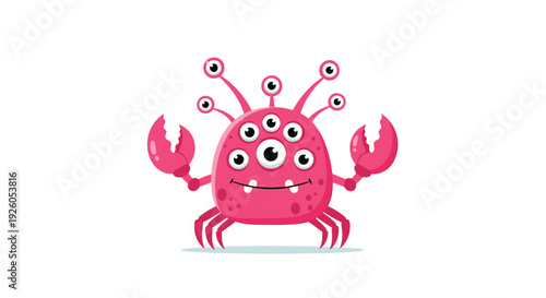Smiling pink crab-like alien monster character with many eyes and antennae looking friendly in a cute cartoon vector design.