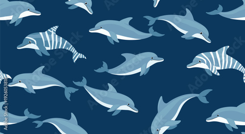 Seamless pattern of playful dolphins swimming and jumping in various poses on a dark blue ocean water background vector.
