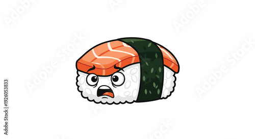 Scared and shocked cartoon nigiri sushi character with salmon topping and wide eyes in a funny Japanese food mascot design.
