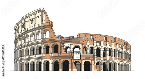Detailed line art illustration of the ancient Roman Colosseum a famous historical landmark and amphitheater in Rome Italy.