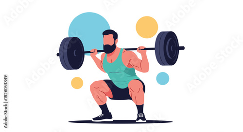 Strong bearded man in gym attire performing a heavy barbell squat exercise in a modern flat design vector illustration.
