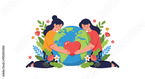 Two women lovingly hugging a globe of the Earth with a heart surrounded by flowers representing love for our planet.