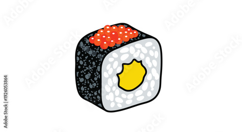 Simple cartoon illustration of a Japanese sushi roll with mango filling wrapped in nori and topped with red tobiko caviar.