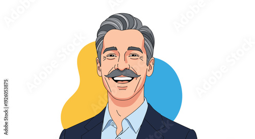 Illustrated portrait of a handsome mature businessman with a mustache and grey hair smiling happily against an abstract background.