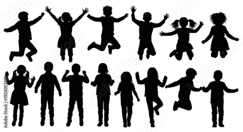 Silhouettes of Children Jumping and Playing.