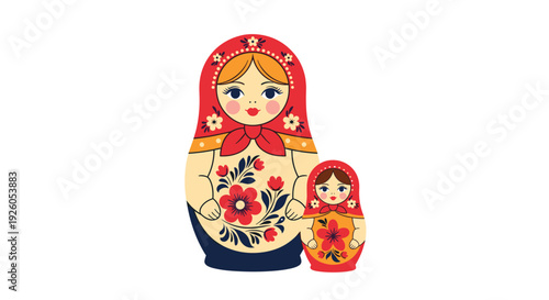Illustration of two traditional Russian matryoshka nesting dolls with floral patterns and headscarves in a classic folk art style.