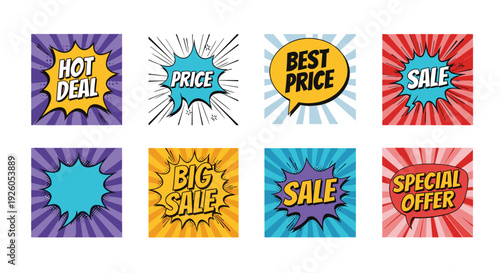 Set of eight colorful pop art comic style explosions with various promotional texts for sales and special offers in retail.