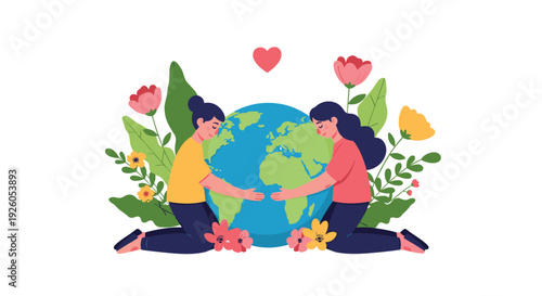 Two women sitting among flowers and lovingly hugging the Earth to represent environmental protection and care on Earth Day.