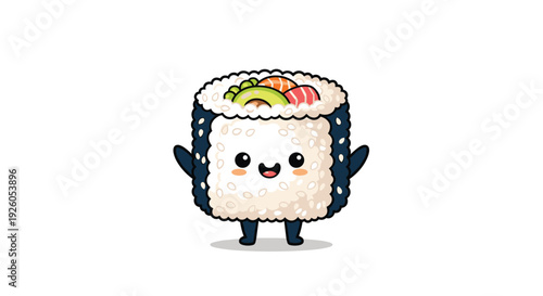 Adorable and happy kawaii sushi roll character with a cute face and sesame seeds waving in a friendly vector illustration.