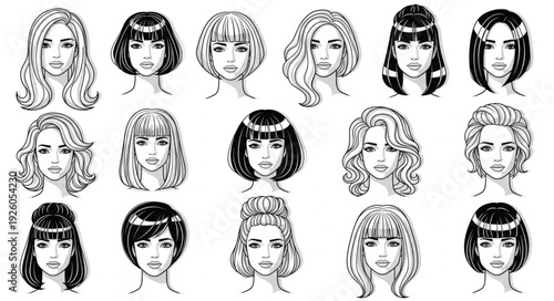 Collection of Diverse Hand Drawn Female Hairstyles and Faces.