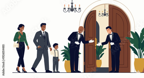Butler Greeting Guests
Flat vector illustration of a butler standing at the entrance of a luxury home, politely greeting guests. Formal suit, white gloves, elegant doorway visible. 