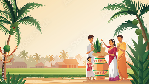 Happy family planting green plant together outdoors in tropical setting with palm trees and village background