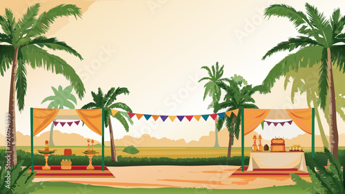 Vibrant village festival scene with colorful tents palm trees and bunting decorations in a tropical setting