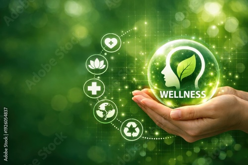 Harmony and Holistic Health: An image of hands cradling a glowing orb representing wellness, with associated symbols of health, nature, and balance surrounding it.