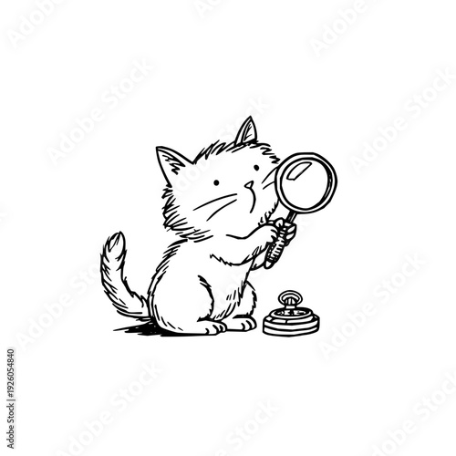 Curious Cat Holding Magnifying Glass Next to Bell