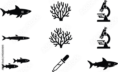 Marine biology and science icon set, black silhouette vector of sharks, coral reef, laboratory microscope, dropper, and fish oceanography research