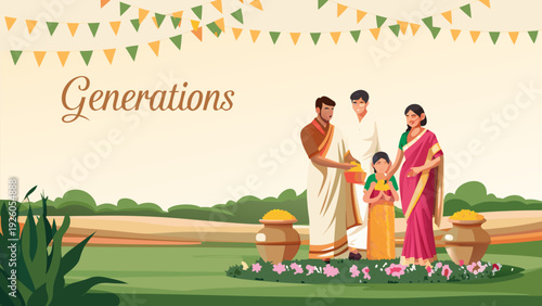 Multi generational family in traditional clothing standing together outdoors in a festive setting with colorful decorations and plants