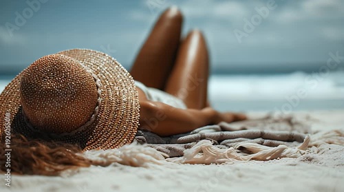 Woman Relaxing on Beach with Straw Hat.