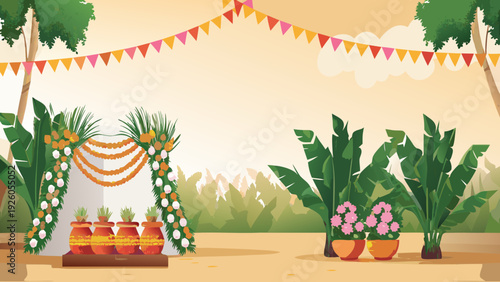 Vibrant traditional harvest festival decoration with floral arch potted plants and colorful pennant banner in a serene outdoor setting
