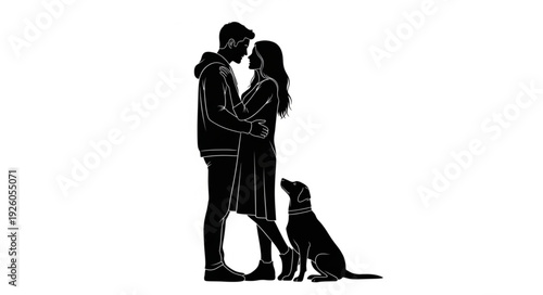 Couple Embracing with Dog Together.
