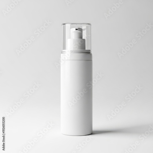 Minimalist white pump bottle with spray mechanism on light gray background