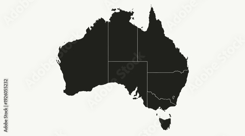 Minimalist Black Silhouette Map of Australia with States and Territories Outlined on White Background