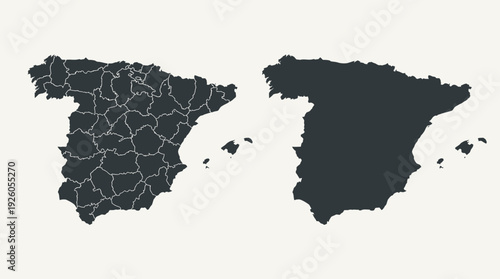 Spain Map with Provinces and Solid Silhouette. Detailed Vector Illustration of Spanish Geography, Autonomous Communities, and Balearic Islands.