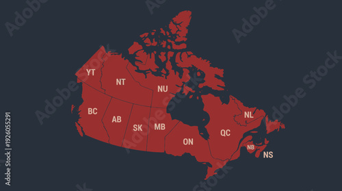 Detailed Red Map of Canada with Provinces and Territories Labeled on a Dark Background - Geographic Overview