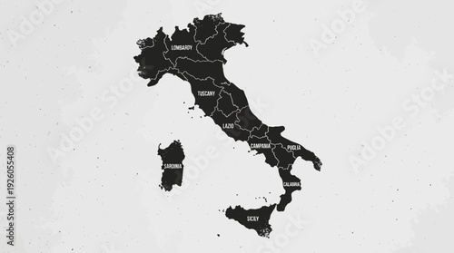 Italy Map with Regional Divisions & Province Names - Vintage Grunge Style Silhouette on Textured Background