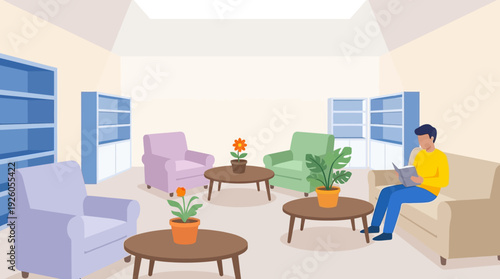 Man Reading Book in Modern Library Lounge. Bright interior with bookshelves, comfortable seating, and decorative plants. Flat vector illustration.