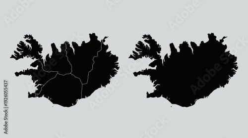 Iceland Map Silhouettes: Black Geographic Outline with and without Administrative Divisions on Gray Background