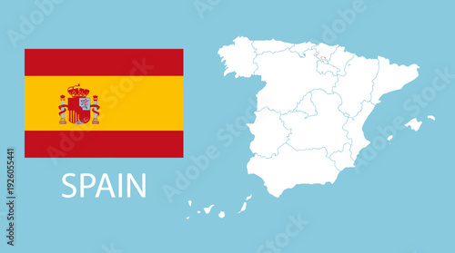 Spain Flag and Map Illustration with Country Outline and Regions. National Symbol for Geographic, Travel, and Educational Content.