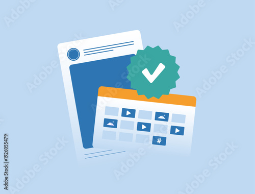 Social media content approval workflow, verified post badge and smm calendar. Digital marketing compliance process for corporate social media publishing, modern 2026 flat UI vector illustration