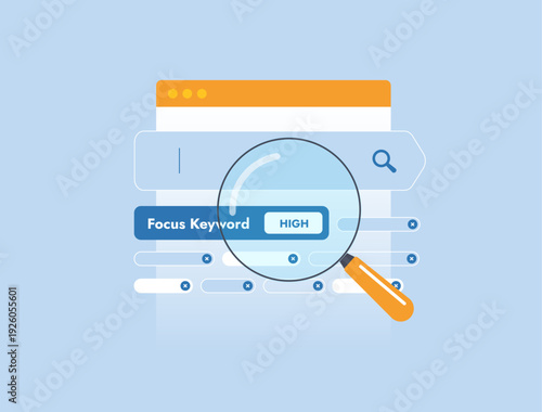 Focus keyword research, SEO content strategy, search intent analysis. Digital marketing planning for blog and website with seo keyword research, modern flat infographic UI, vector illustration